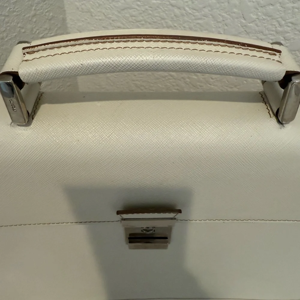 PRADA Ivory White Saffiano Leather Slim Flap Briefcase Laptop Bag With Lock